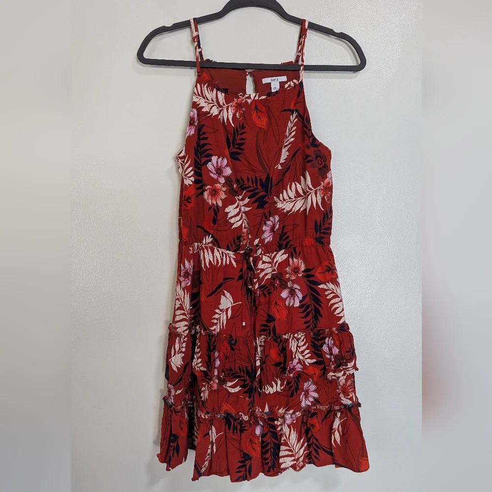 Bar III Orange/Red Floral Tiered Ruffle Sleeveless Dress Size‎ Large